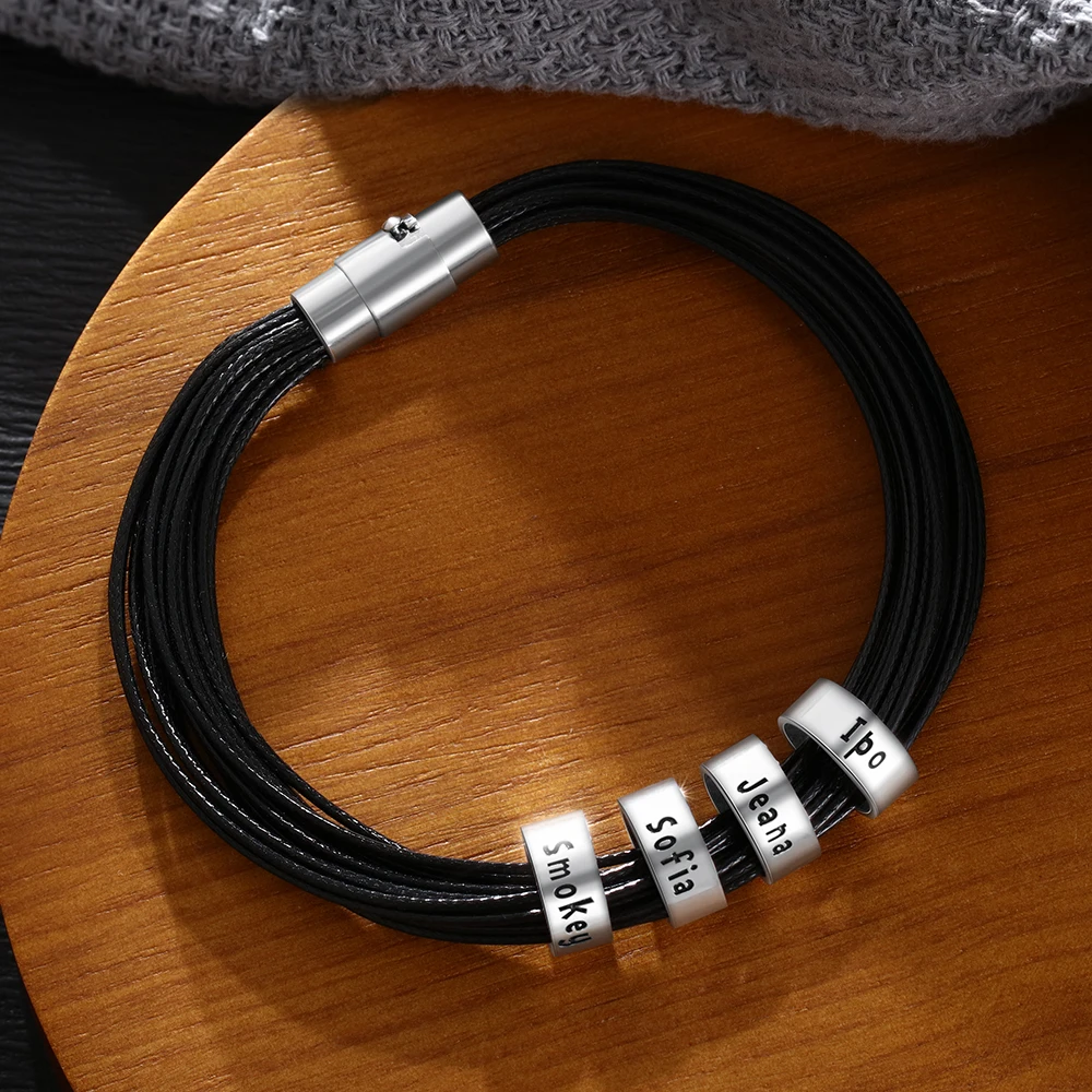 Personalized Black Braid Bracelets for Men With 4 Custom Family Name Beads Engraved ID Gifts Father Grandpa | Украшения и