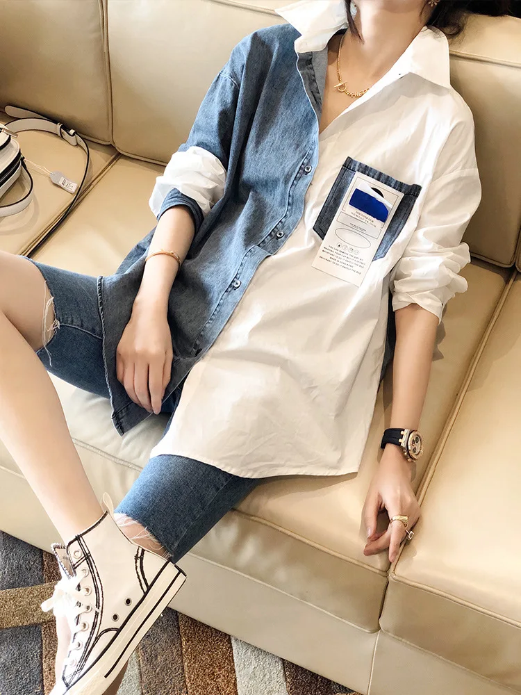 

Women Patchwork Button Casual Loose fit ladies Shirt Blusa TP029