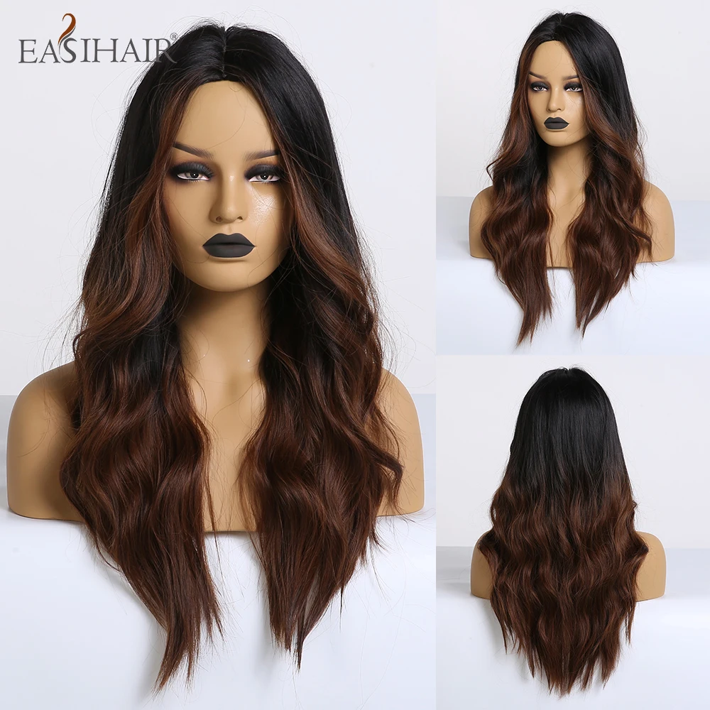 Длинные темно коричневые синтетические парики EASIHAIR для женщин черные волнистые