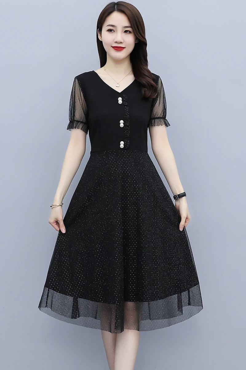 

COIGARSAM 5XL Plus Size Patchwork Women one-piece dress korean Summer Mesh Dresses 6378