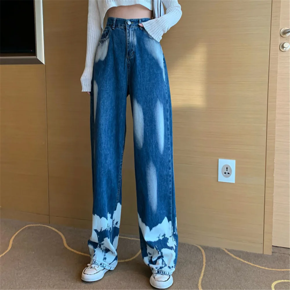 

DAILOU Women Tie-dye Jeans Pants Women Harajuku High Waist Trousers Vintage Fashion Streetwear Female Casual Wide-legged Pants