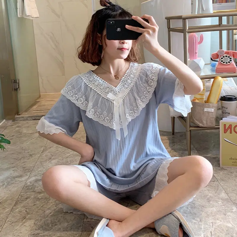 

Pajamas women's summer new short sleeve lace two piece suit lovely princess style lace loose home clothes