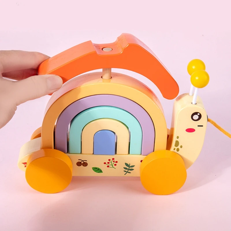 

Wooden Pull Car Snail Shape Construction Educational Blocks Toy Set Colorful Sort Activity for Kid Preschool Learning