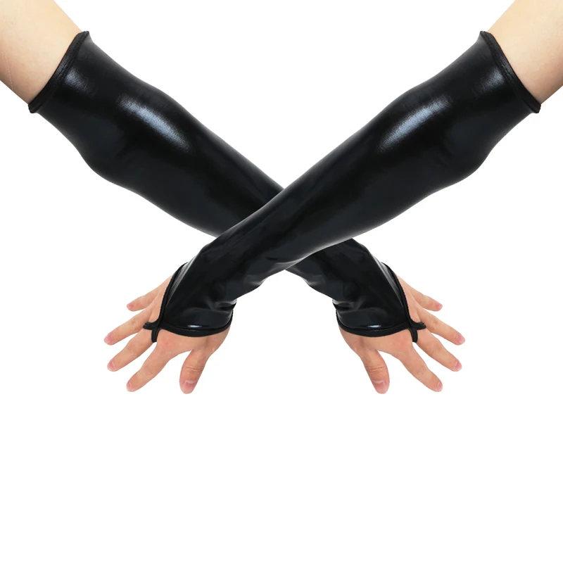 Sexy Long Black Metallic Feel Gloves Synthetic Leather Arm Sleeves Costume New