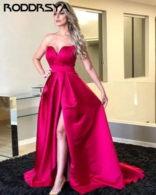 

Simple Cheapest Sweetheart Fushcia Evening Dress 2020 Robe De Soiree Satin Side Slit Long Formal Dress Prom Party Gowns