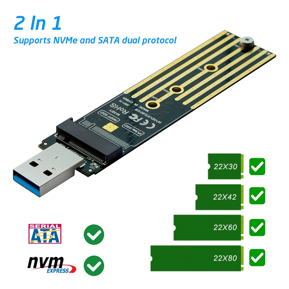 

M.2 NVME SSD to USB 3.1 Adapter M.2 NVME PCIE NGFF SATA M/B Key Dual Protocol RTL9210B SSD 10Gbps USB3.1 Gen 2 Enclosure Case