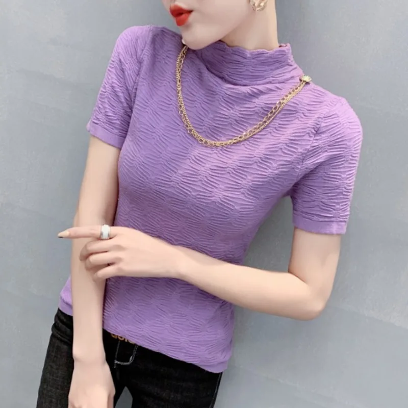 

#3854 Summer Knitted Sweater Women Short Sleeved Casual Pullovers Sweater With Chain Mock Neck Sweater Female Black Purple Red