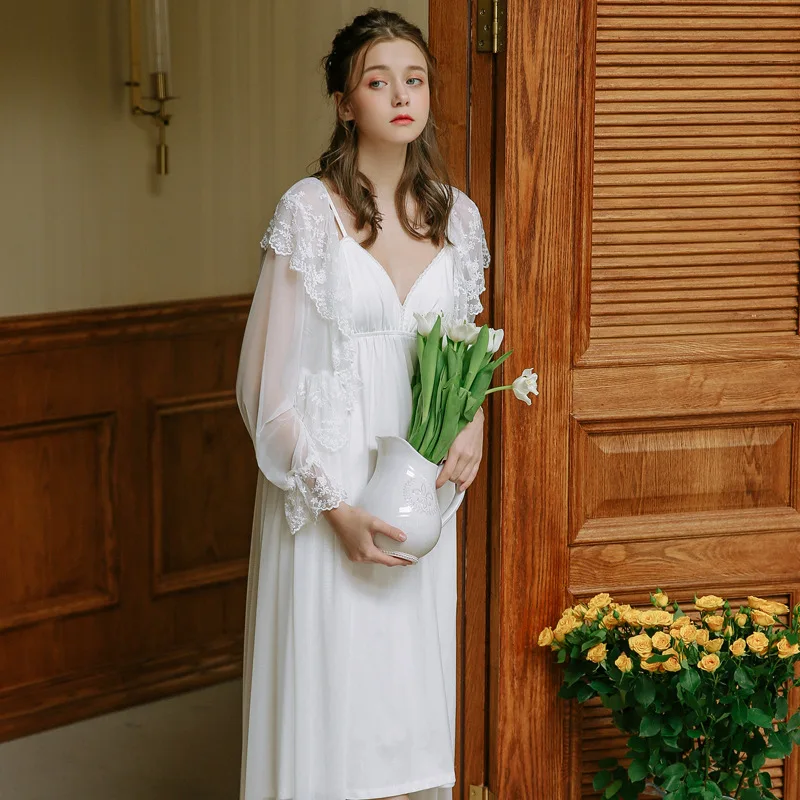 Весенне летняя женская ночная рубашка тонкая сетчатая кружевная ретро одежда
