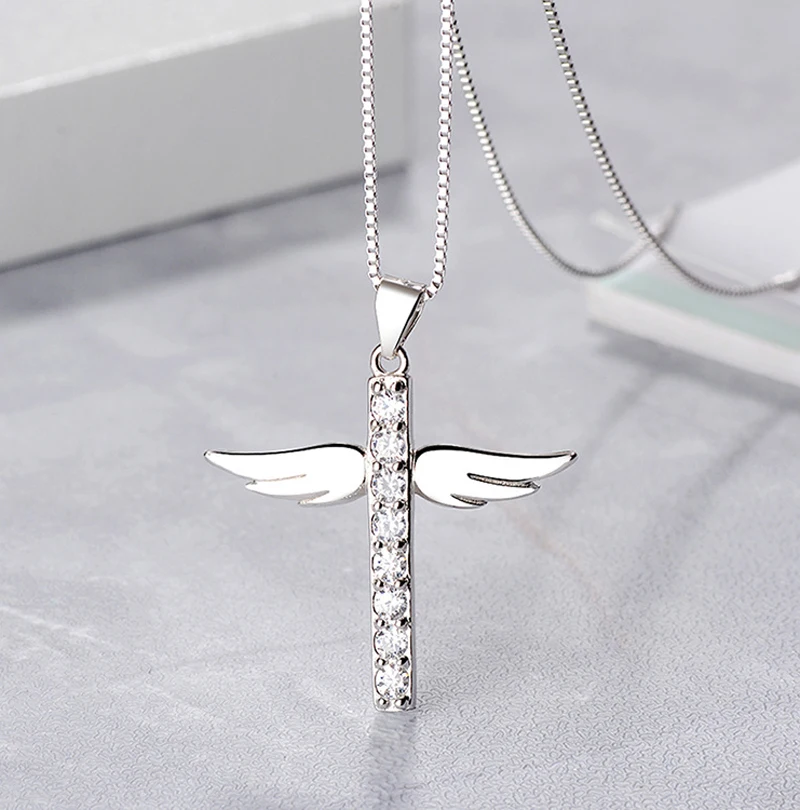 Женское Ожерелье с кулоном в виде креста Ангела из серебра 100% пробы|Ожерелья