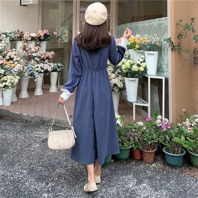 

Autumn Spring Women Long Lolita Dress Peter Pan Collar With Lace Black Red Blue French Romantic Dress Elegant Chic Lady Dresses