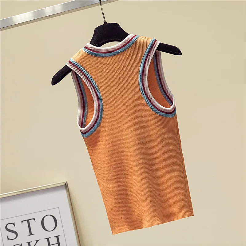 women Striped Color collision knitted vest female lady Girls suspenders waistcoats thin summer ice silk sleeveless Tank Tops