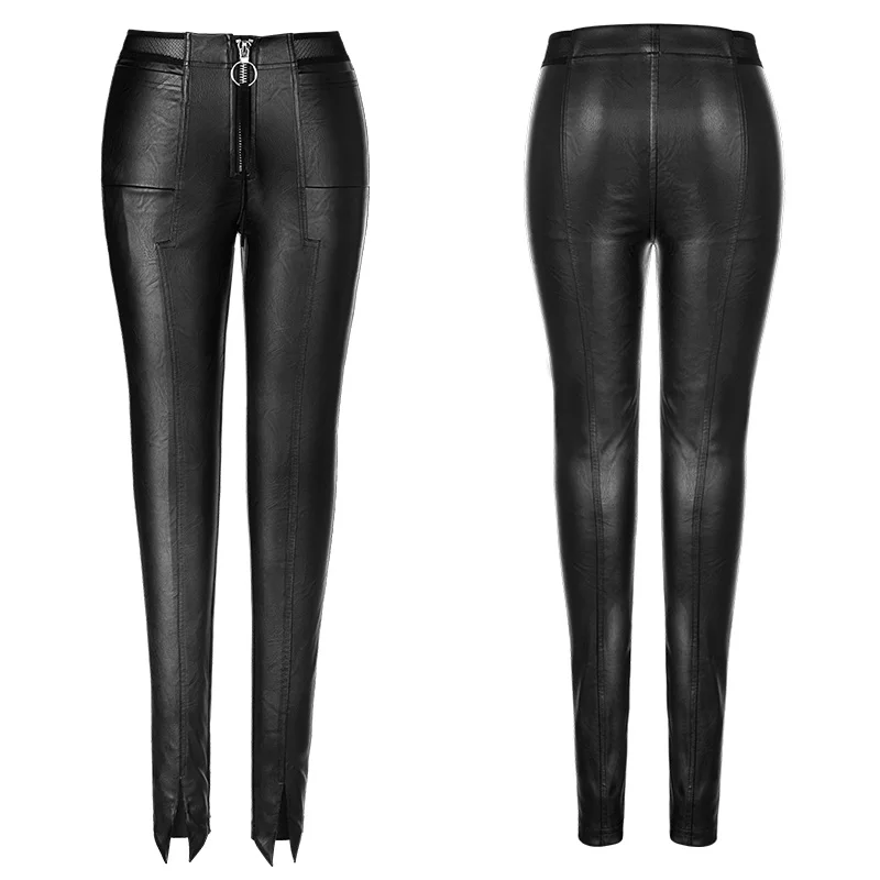 PUNK RAVE Rock Ladies Black Elastic PU Leather Pants Minimalist Stitching Fishnet Lace Low Waist Skinny Women Pencil Trousers