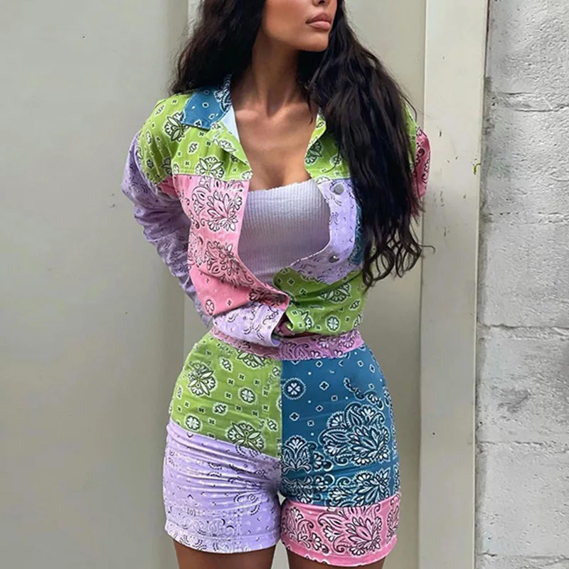 

Autumn Women Casual Printing Two Piece Sets Full Sleeve Button Blouse + Slim Fit Shorts Suit Femme Elastic Waist Streetwear 2Pcs