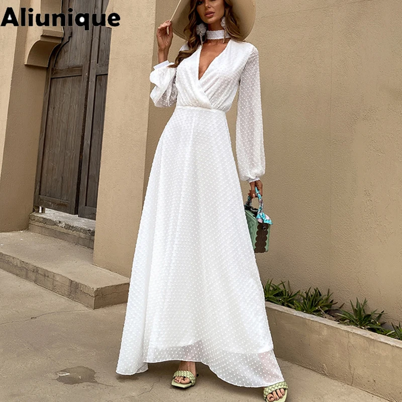 

Aliunique New White Chiffon Dress For Women 2021 Summer High Quality Long Sleeve V-neck Elegance Sundress Lady Sexy Design