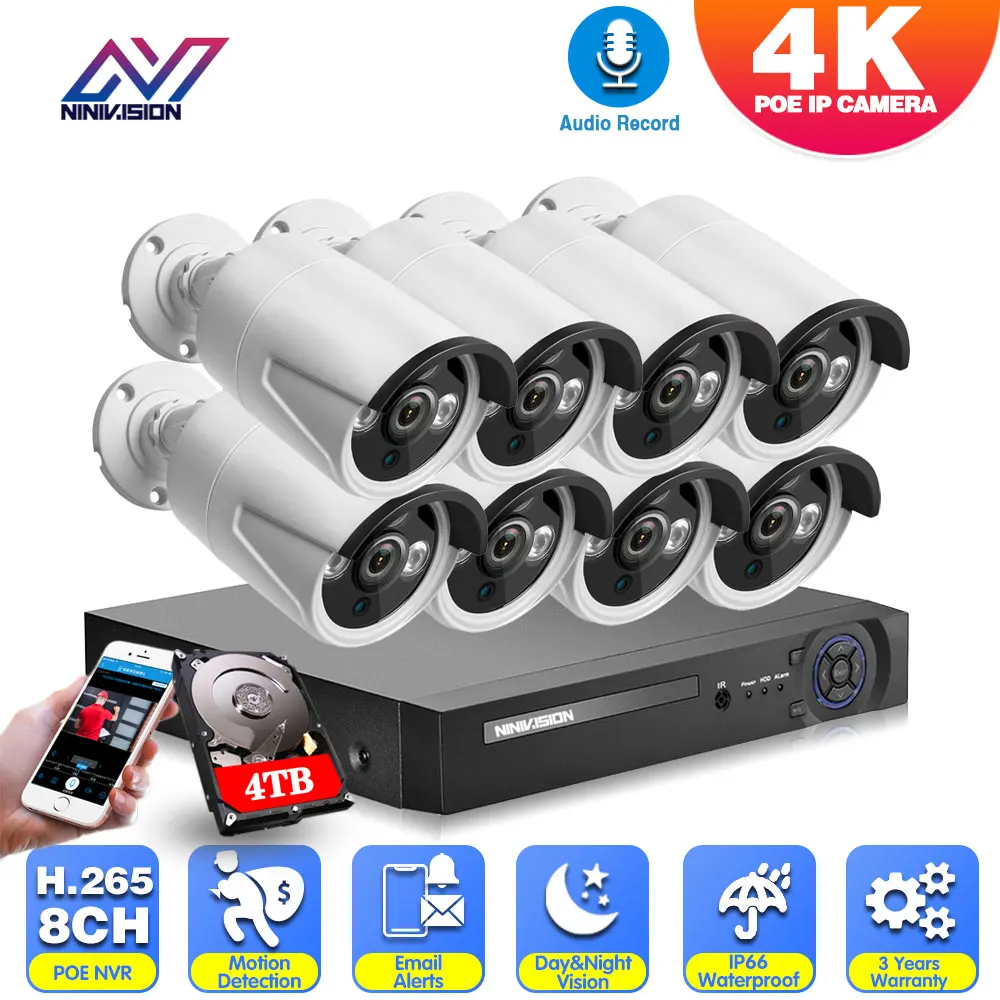 

8CH Ultra HD PoE Network Video Security System H.265+ Surveillance NVR HD IP66 Full HD Night Vision Audio Record POE Cameras