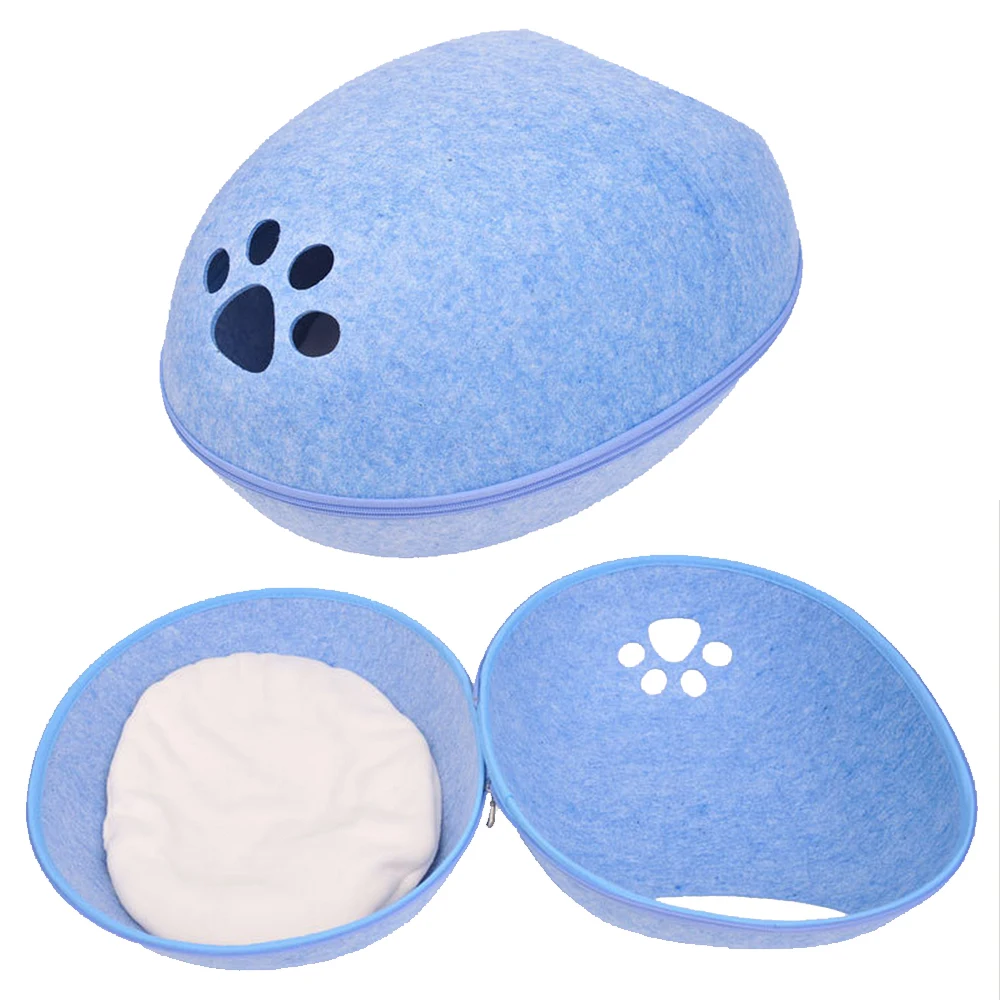 Egg Shape Dog Cat Bed Cat Sleeping Bag Zipper Felt Cloth Winter Warm Pet House All Around Cat Nest With Detachable Cushion Mat