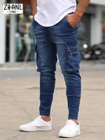new men pants zipper multi pocket jeans pencil pants hip hop slim man trousers black blue male jogging denim pant streetwear