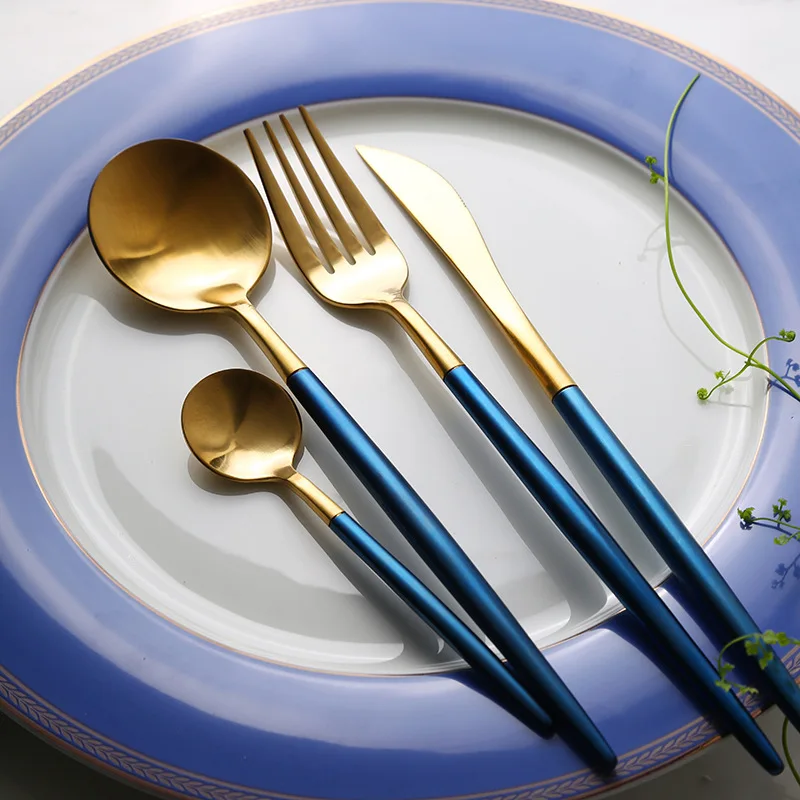 304 нержавеющая сталь Португалия синий с золотым ножом и вилка ложка посуда 4