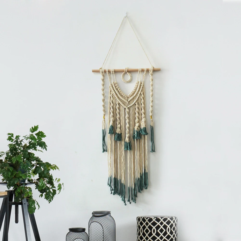 Стене висит зеленые и бежевые Тканый гобелен Boho Chic Ленточки кулон Wall Art Спальня