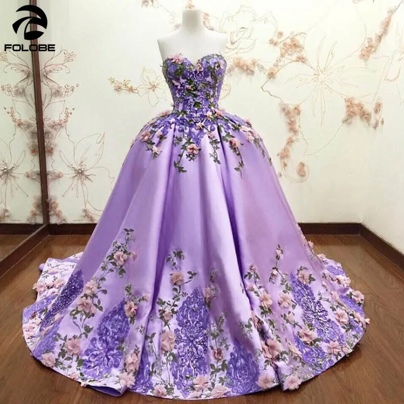

Luxury Light Purple Ball Gown Evening Dresses 3D-Floral Flower Lace Long Satin Formal Prom Gowns Sweetheart Vestidos