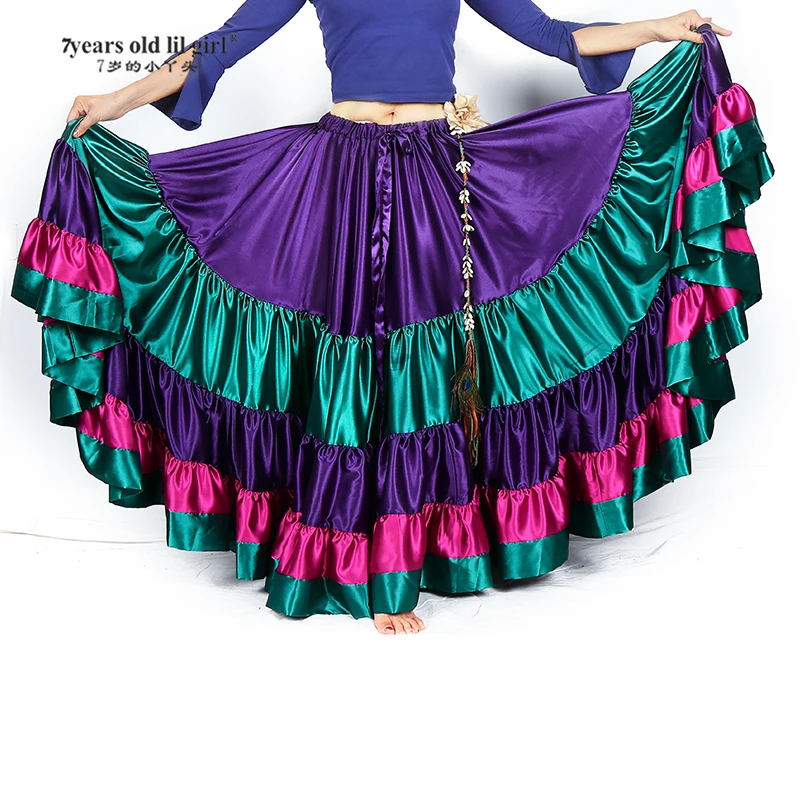 2021New Belly Dancing Tribal Ruffle Flamenco Satin 25 Yard 4 Tiered Skirt Gypsy Skir 9EX54
