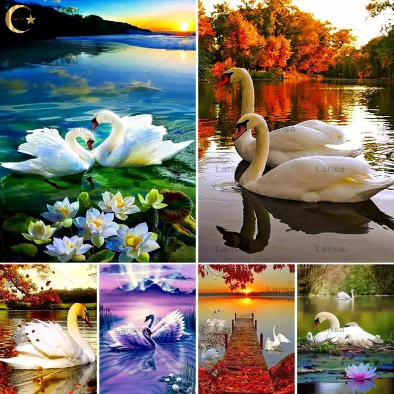 

5D Diamond Painting Swan Corss Stitch Full Drill Square Embroidery Lake Landscape Mosaic Art Pictures of Rhinestones Home Decor