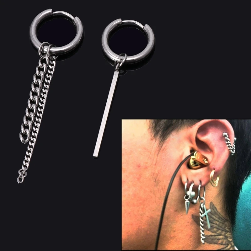 

Titanium Korean Hip Pop Double Tassel Chain Drop Earrings Geometric Hoop Jewelry