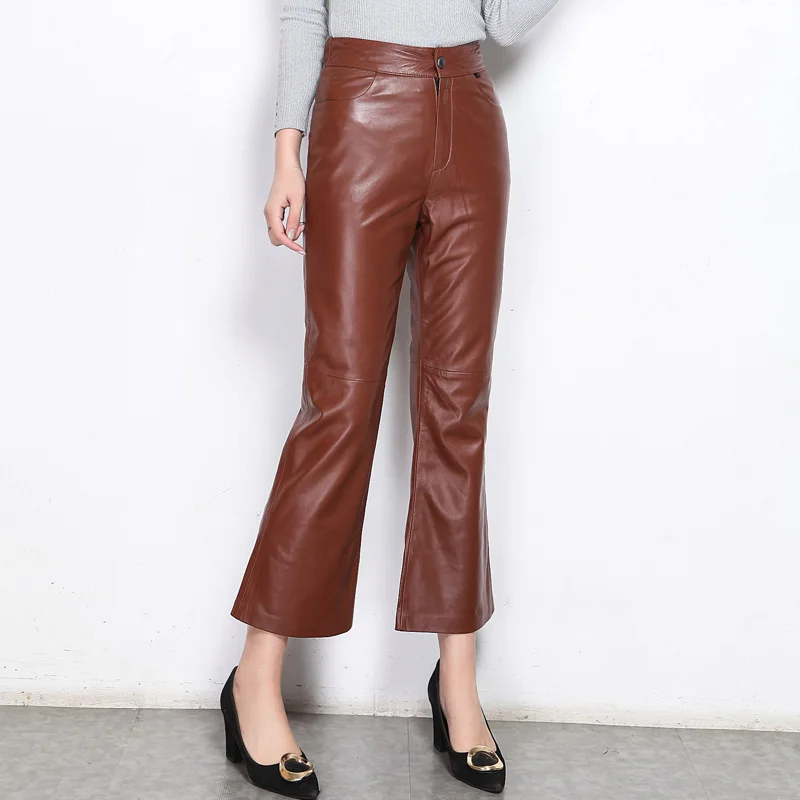 Genuine Sheepskin Leather Pants for Women 2021 Women's Trousers Female High Waist Pants Flare Pants Pantalon Mujer Zjt2393