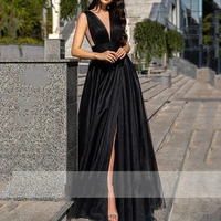 sexy black tulle evening dress a line 2021 v neck high split sleeveless prom gown backless high quality floor length cheap sale