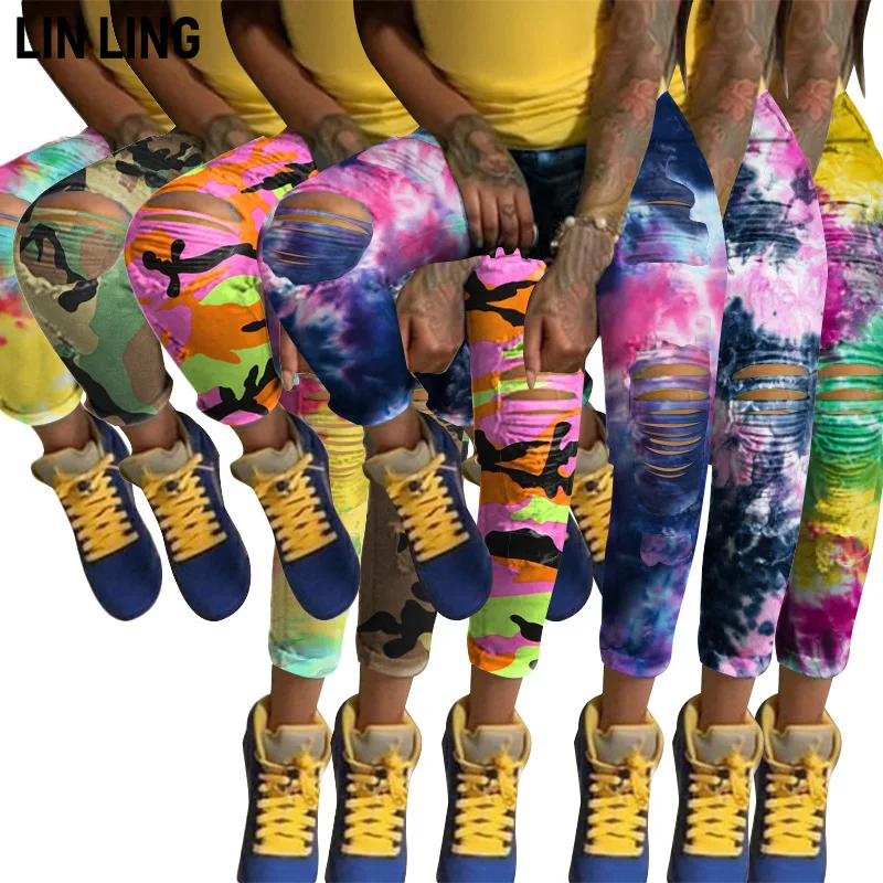 

LINLING Ripped Burnt Flower Tie Dyed Jeans Women Fashion Well-dressed Print Pocket High Waist Pencil Pants