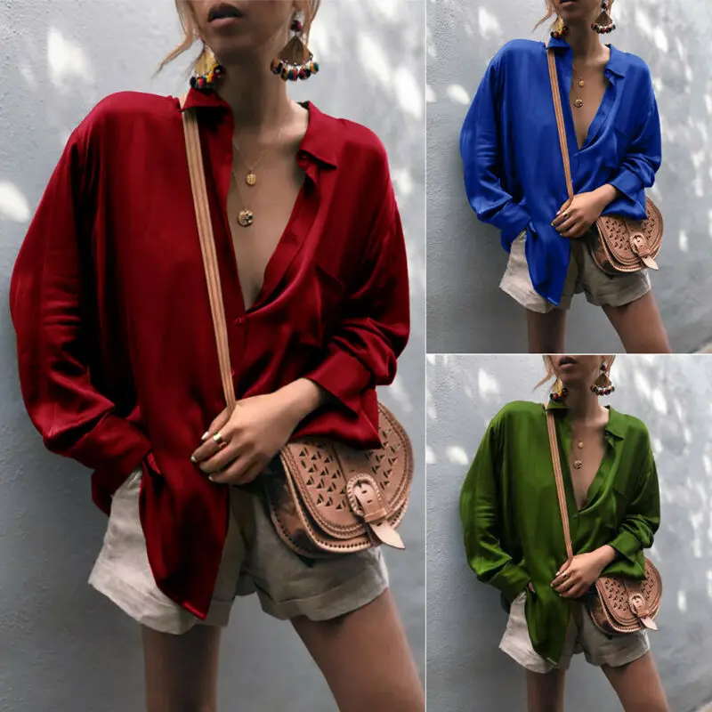 Блузка Женская атласная с глубоким V-образным вырезом модная повседневная