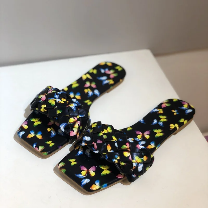 

New Ladies Fashion Printed Woven Slippers Non-slip Square Head Ladies 2021 Female Summer Flat Shoes Beach Sandals and Slippers