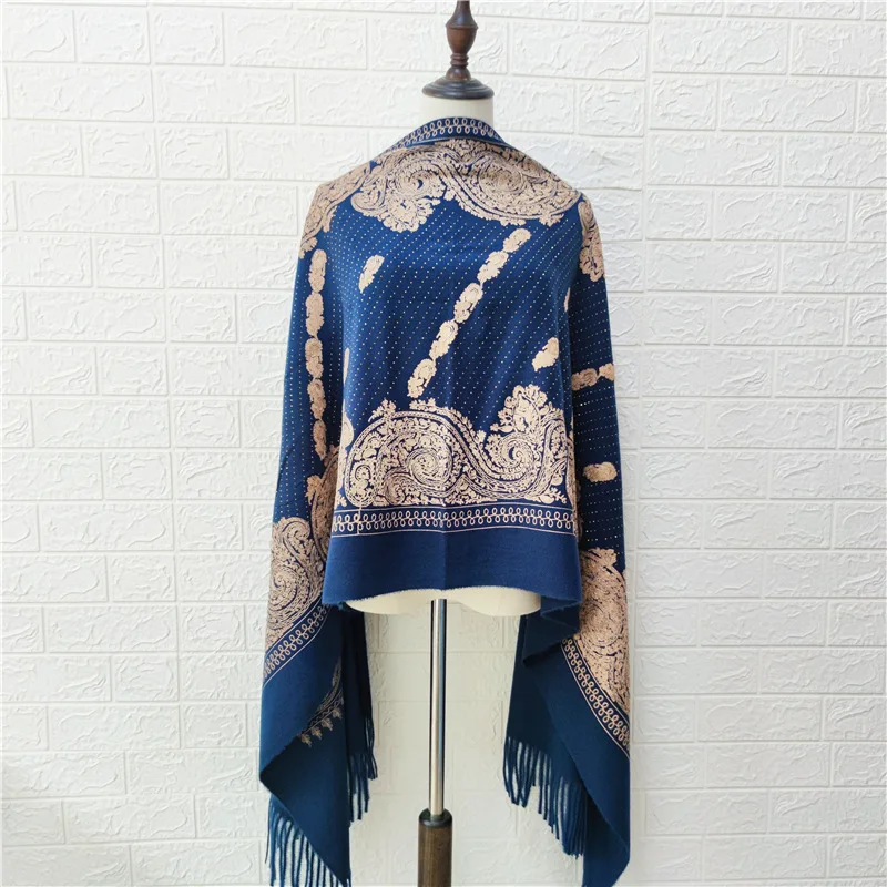Женский шарф с вышивкой искусственный кашемировый из пашмины зимняя теплая шаль