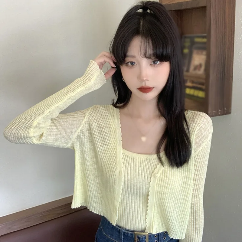 

Summer Ultra-thin Ice Silk Solid Casual Cardigan Female Single Breasted V-Neck Short Knitting Women Top