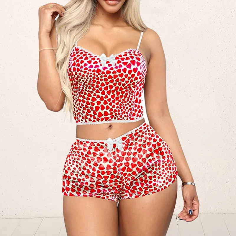 

Puimentiua Pajama Sets Summer Sexy V-neck Print Sleep Top For Women Two Pieces Kawaii Pijama Mujer Sleeveless Lingerie Sleepwear