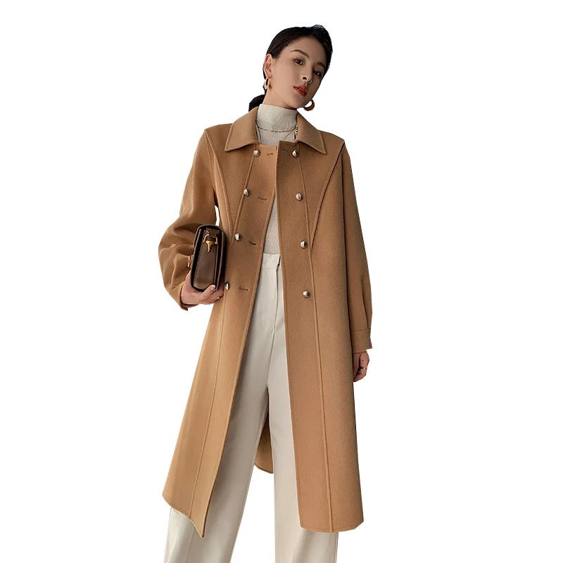 

Женское двубортное кашемировое пальто, осенне-зимнее шерстяное пальто, модная Свободная верхняя одежда из верблюжьей шерсти, 100%