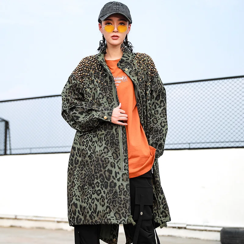 

Windbreaker Women's Mid-length Leopard Print Camouflage Rivet Jacket Women Plus Velvet Thick Loose Large Women Trench