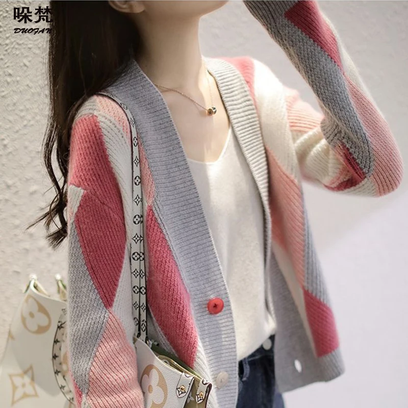 

DUOFAN Cardigan Women Knit V Neck Sweater Oversize Winter Argyle Single-breasted Coat Casual Loose Long Sleeve Ladies Knitwear