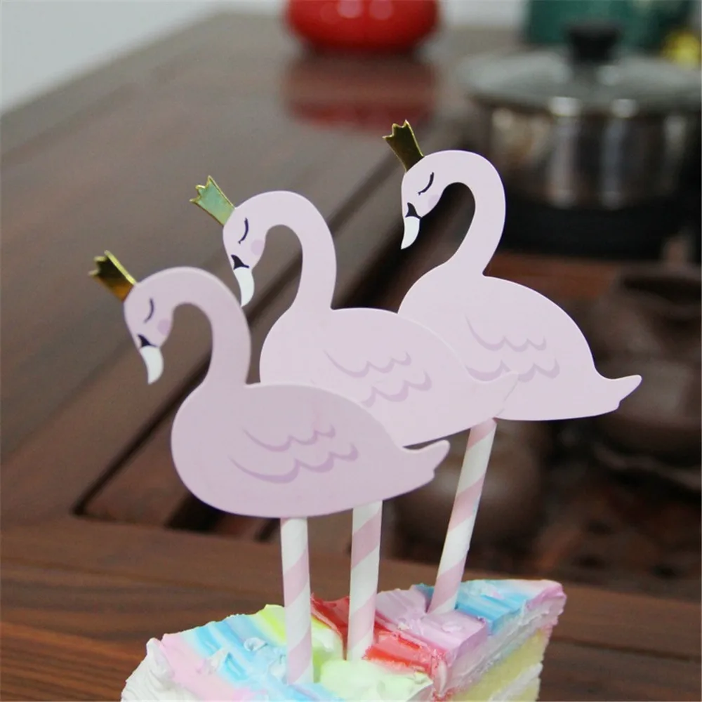 

5pcs Crown Flamingo Happy Birthday Cake Topper Pink Swan Baby Shower Decoration Wedding Anniversary Birthday Party Supplies