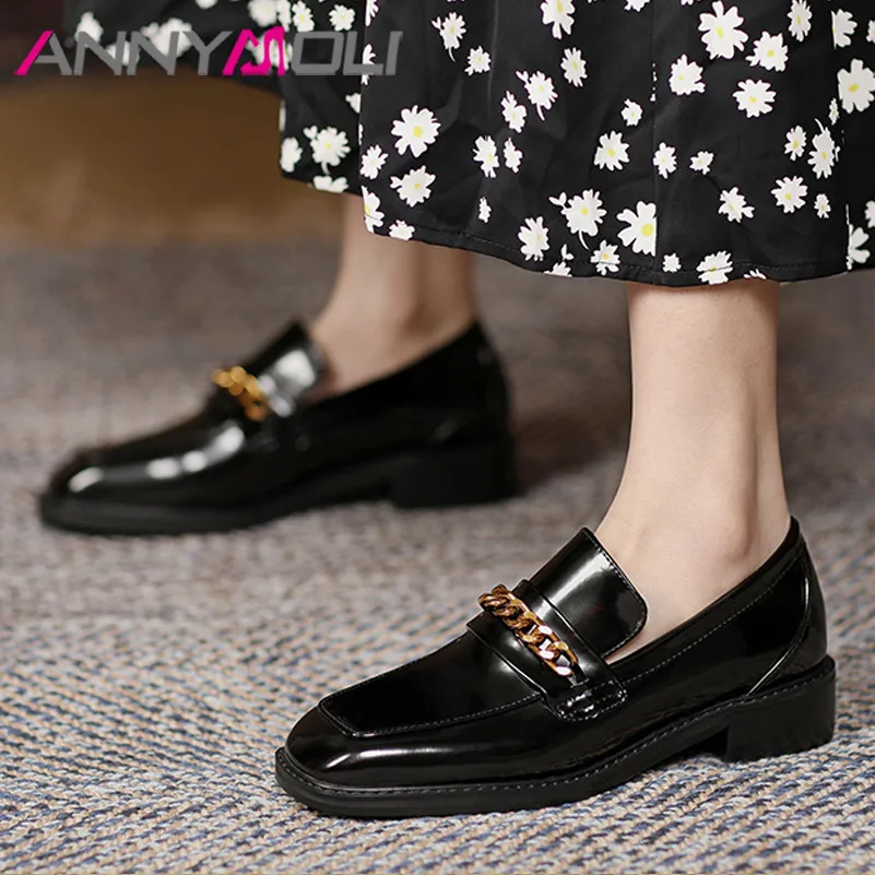 

ANNYMOLI Low Heels Natural Genuine Leather Loafers Shoes Women Chain Round Toe Pumps Block Heel Ladies Footwear Spring Black 40