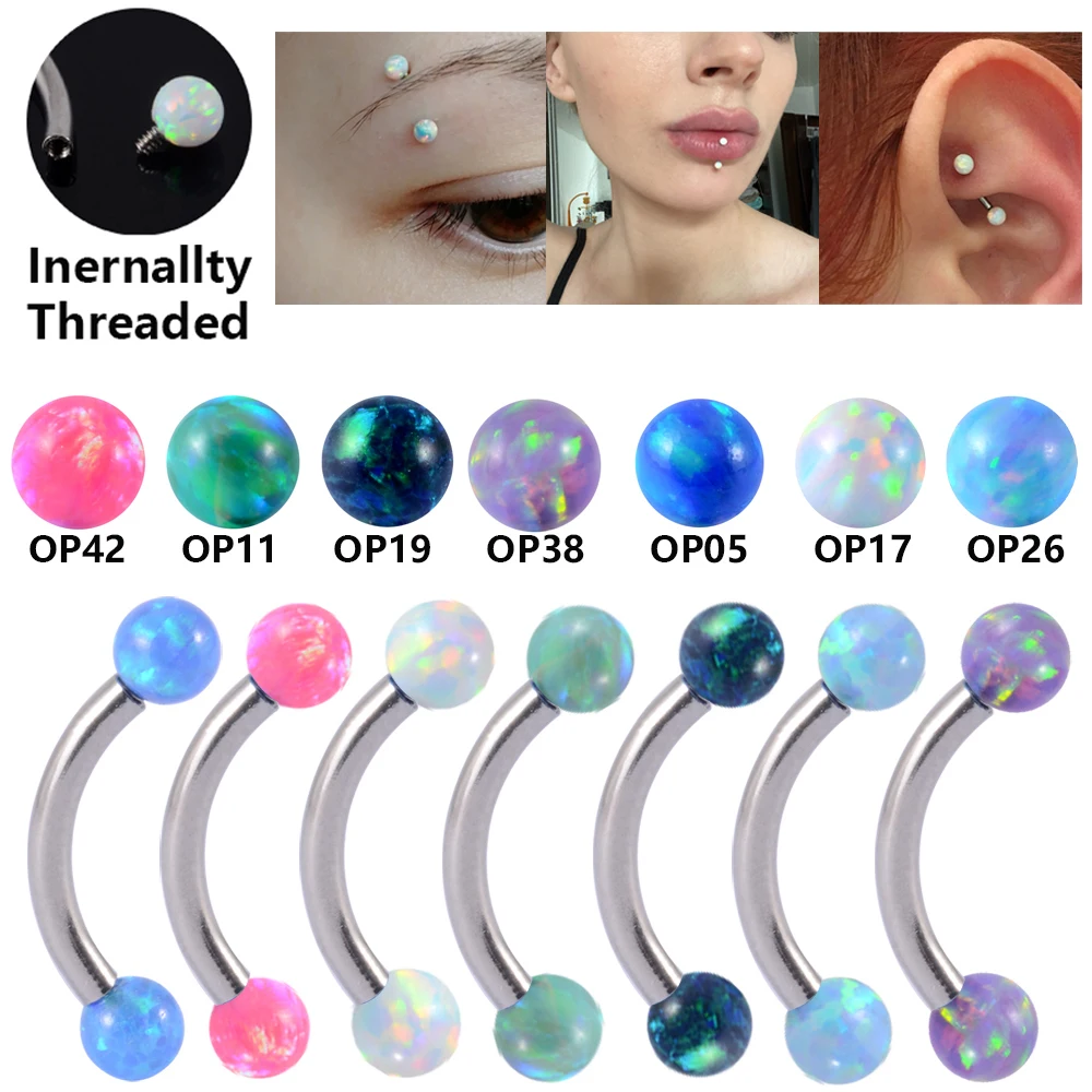 

1PCS 16G Surgical Steel Opal Ball Eyebrow Lip Ring Tragus Cartilage Earring Curved Barbell Piercing Jewelry