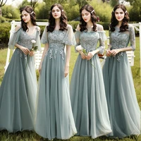 exquisite lace wedding party dresses chic appliques spaghetti straps long bridesmaid dress flare sleeves gowns for women