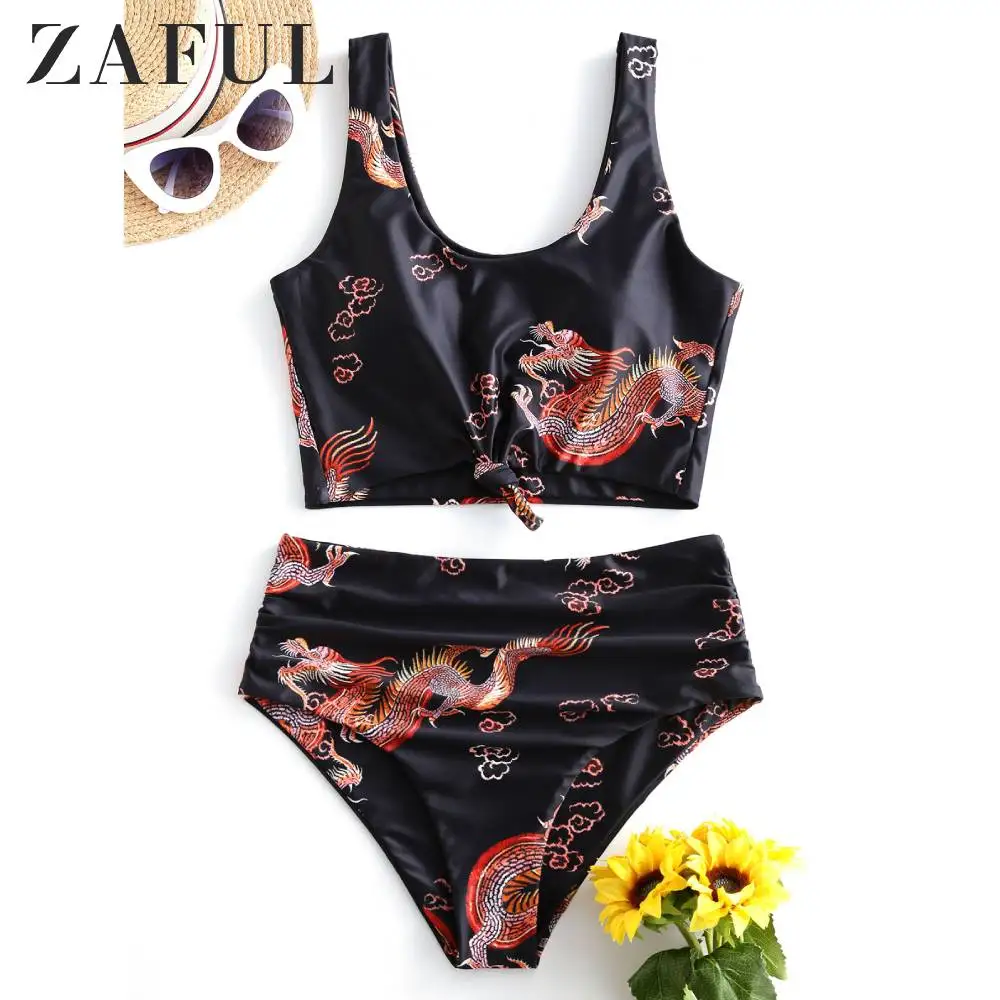 Женский купальник танкини ZAFUL эластичный кроп топ с рюшами и бантиком|Купальники|