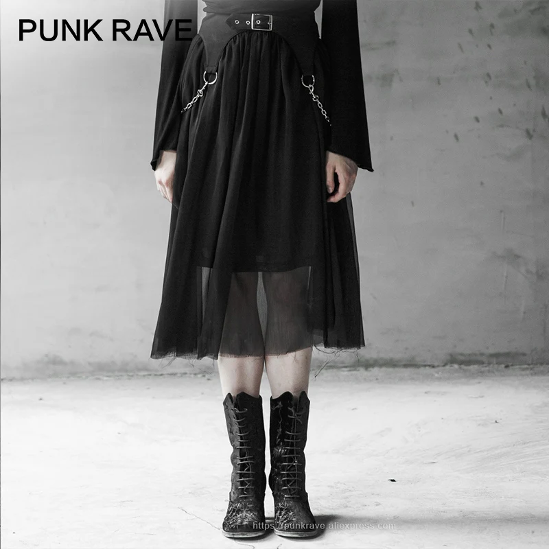Панк рейв Женская тяжелая Съемная шифоновая полуюбка в стиле панк с поясом