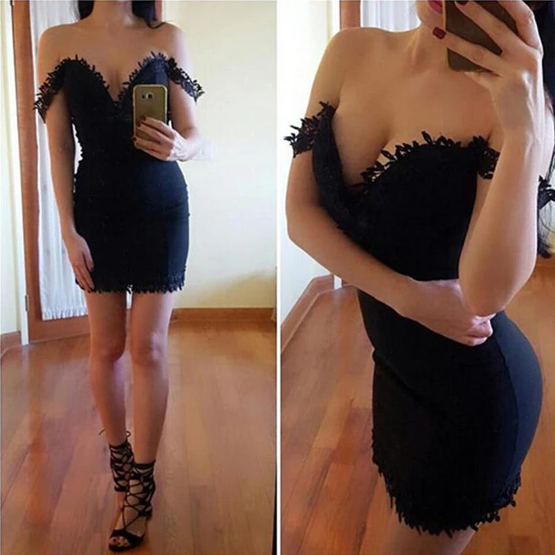 

Sexy Mini Black Cocktail Dresses Off Shoulder Short Prom Dresses Lace Appliqued Sleeveless Backless Quinceanera Dresses Party