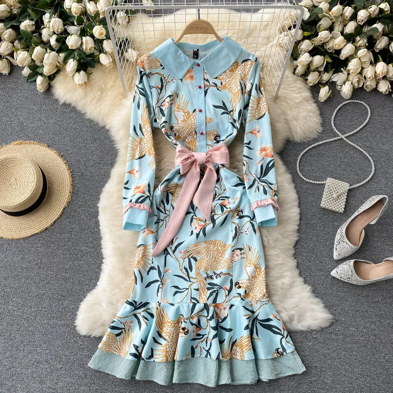 

2021 Autumn Ladies' Elegant Party Dress Peter Pan Color Flora Printed Sashes Bow Women Slim Sweet Mermaid Dress