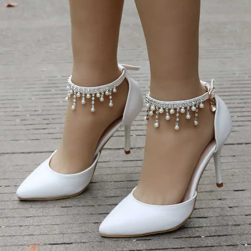 

summer new 2021 Tassel Beaded large sandals thin heel pointed sandals white pointed shoes women's high heels