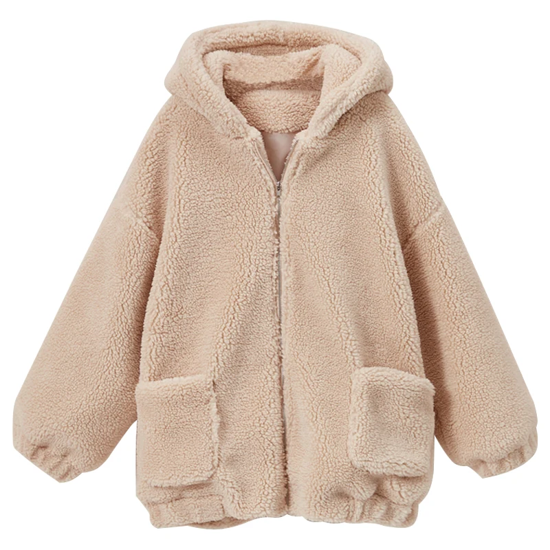 Imitation lambskin coat female autumn and winter large size thick warm furry zipper hooded | Женская одежда