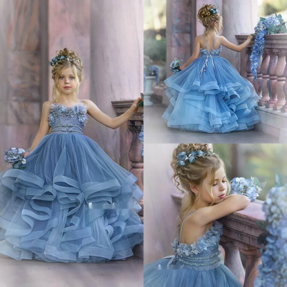 

Haze Blue Flower Girl Dresses For Wedding Lace 3D Floral Appliqued Little Girls Pageant Dress Tiered Skirts Vestidos De Desfile