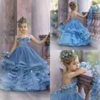 haze blue flower girl dresses for wedding lace 3d floral appliqued little girls pageant dress tiered skirts vestidos de desfile